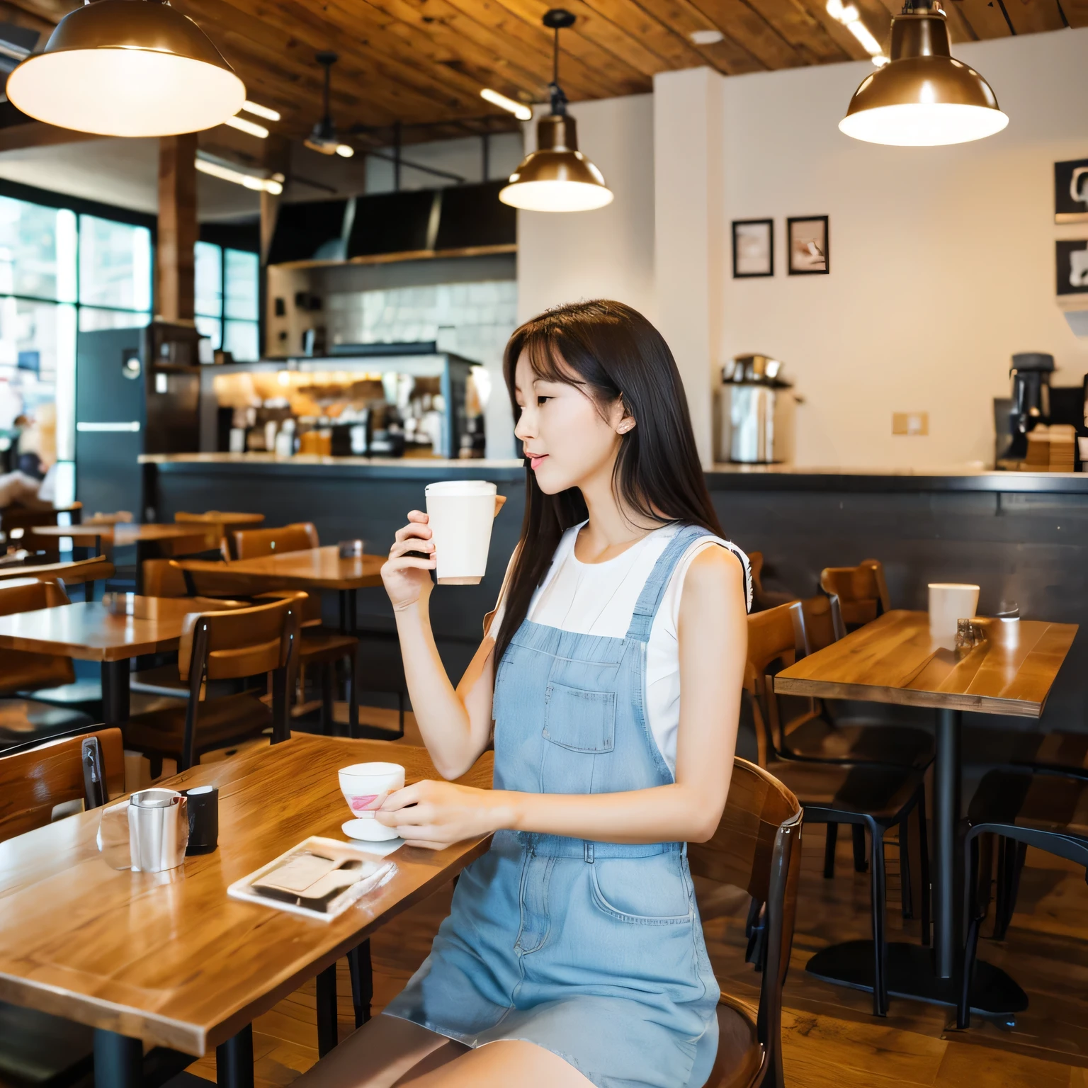 Practical,(masterpiece, high quality:1.2) ,Practical, A perfect woman、original photography, Wide-angle lens, (Just enough to make ends meet), Drink coffee、In the café、Vest