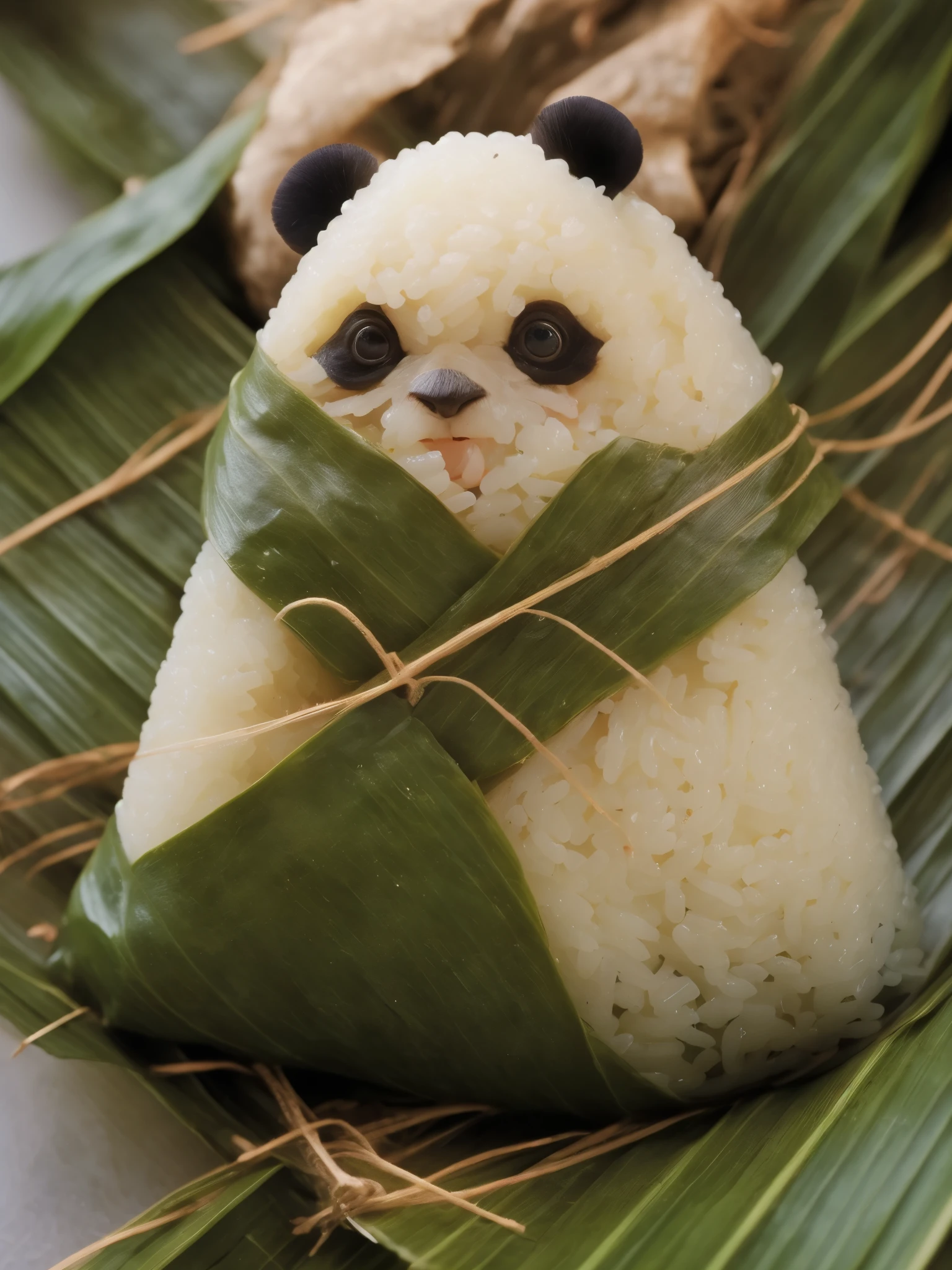 A panda-shaped zongzi, made of glutinous rice, has a cute expression, the lower half of the body is wrapped in tapered leaves, the head sticking out of the leaves, equidistant, cartoon-style, Macro Lens, studio light, nature, soft lighting, film grain, cowboy shot, epiCPhoto