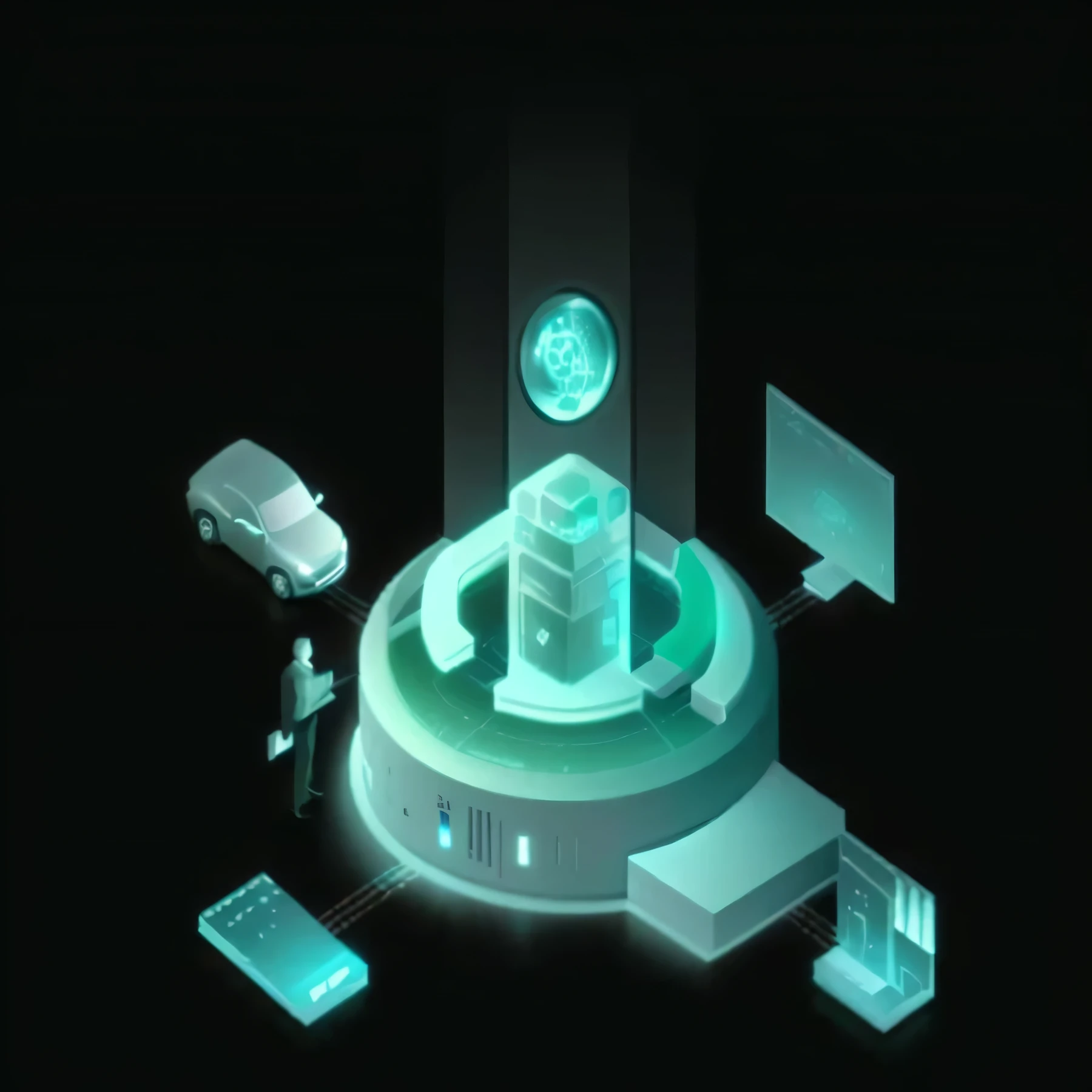 a picture of a car is shown with a man standing in front of it, automated defence platform, a computer rendering, computers and holograms, isometric design, isometric style, a hologram, isometric illustration, prerendered isometric graphics, stylized, simple illustration, 3 d isometric, 3d isometric, data holograms