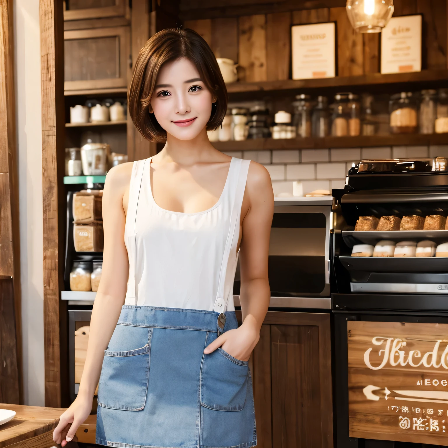 (Practical、high resolution:1.3)、1. Girl in perfect shape、Super thin face and eyes、short hair、apron、Short jeans、In the coffee shop、Coffee on the table、Small Breasts