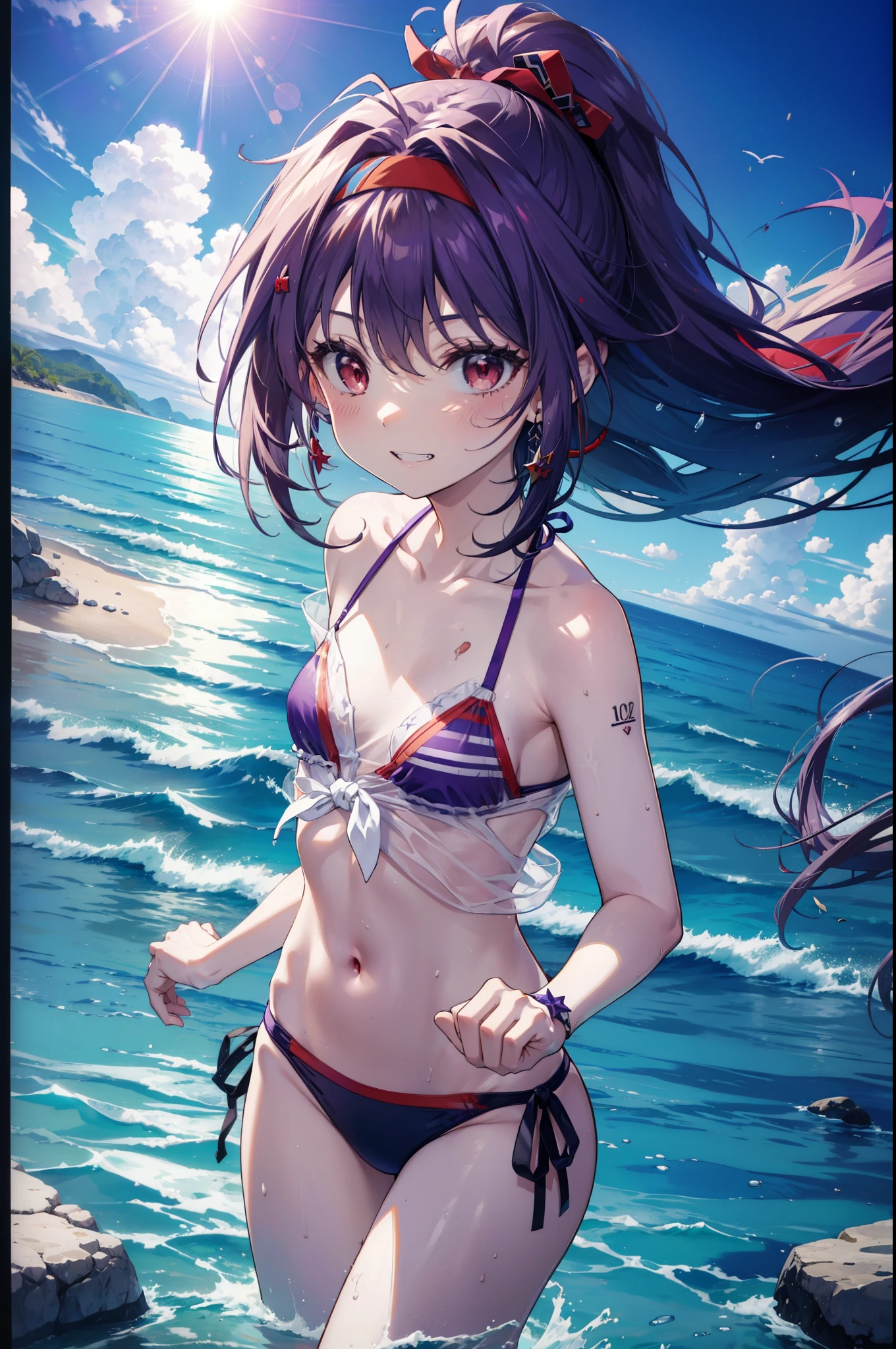 yuukikonno, Konno Yuuki, hair band, Long Hair, Pointed Ears, Purple Hair, (Red eyes:1.5), (Small breasts:1.2), Grin,smile,Purple bikini swimsuit,Oversized T-shirt,barefoot,Palm tree,Holding a swim ring in his right arm,Palm tree,True Summer,whole bodyがイラストに入るように,Walking,
break looking at viewer, whole body,(Cowboy Shot:1. 5)
break outdoors, Beach,Sandy Beach,
break (masterpiece:1.2), highest quality, High resolution, unity 8k wallpaper, (figure:0.8), (Beautiful fine details:1.6), Highly detailed face, Perfect lighting, Highly detailed CG, (Perfect hands, Perfect Anatomy),