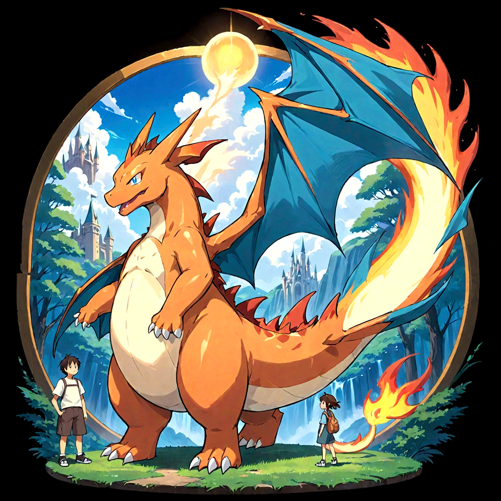 A Studio Ghibli style image featuring Pazu from 'Castle in the Sky,' standing next to Charizard. The scene is drawn with an anime touch, emphasizing detailed shading. The background is a vibrant, enchanted forest with lush greenery and a bright blue sky filled with fluffy clouds. The setting is illuminated by warm, golden light, enhancing the magical and serene atmosphere. Pazu and Charizard appear deeply connected, with Charizard protectively standing behind Pazu. The overall composition captures the essence of a mythical adventure in a tranquil, magical world, characteristic of Studio Ghibli's iconic style. The image has a slightly faded and nostalgic look, reminiscent of classic Ghibli films, with soft and muted colors --s 750 --niji 6
