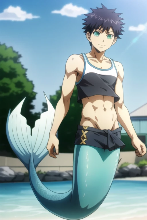 merman, merman tail below waistline, masterpiece, best quality, high quality, 1boy, solo, male focus, looking at viewer, full body, tatsuya_bungo, black hair, green eyes, spiked hair, , tank top