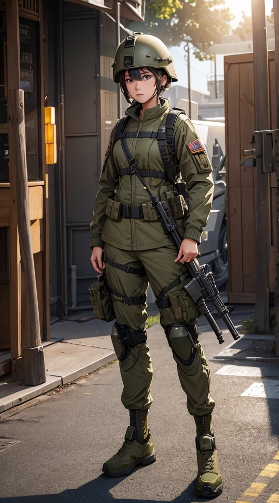 A female soldier wearing a helmet stands guard、Wearing an olive green M-51 jacket、full-body shot、Write details、masterpiece、best quality、Highly detailed CG、8K picture quality、theater lighting、lens flare