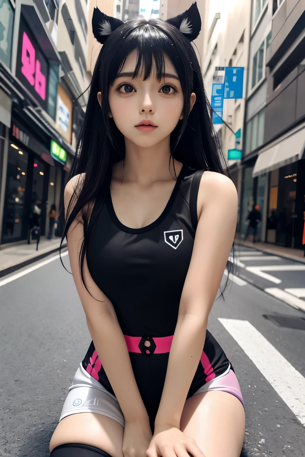 Hinata Hyuuga luzes de neon, suando, inventar, Ultra detalhado, 8K, sentada no chao, pernas em m.