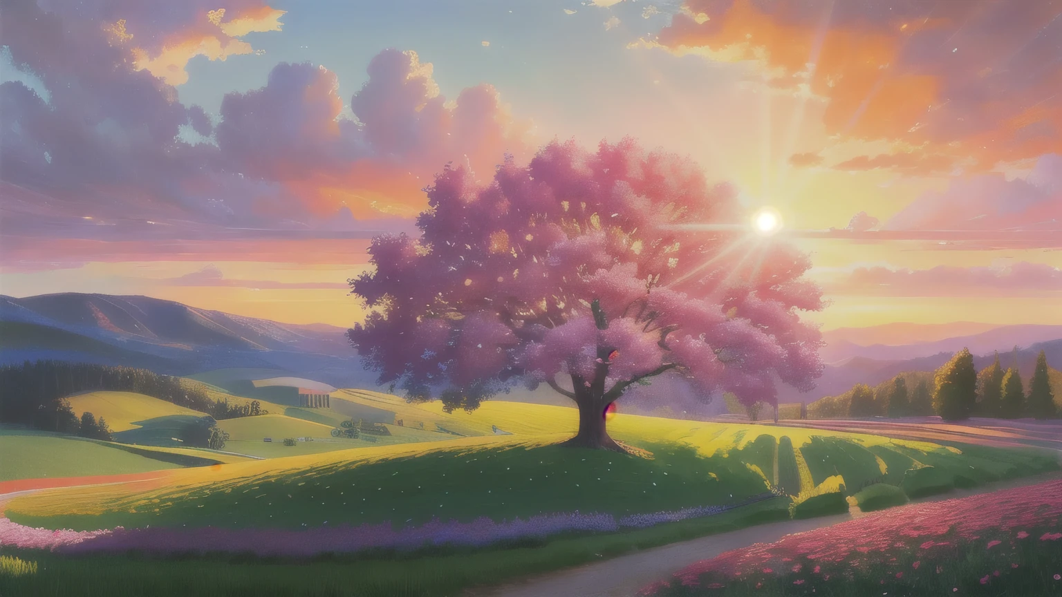 With huge flowers, flower fields hills, large trees, dramatic sunrise rays, impressionist paintings, colorful clouds, digital paintings, pointillism, art stations, Simon Starlenhaag
