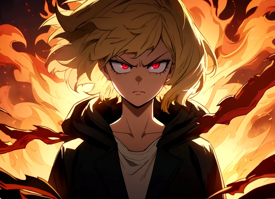 masterpiece, high quality, perfect face, high texture, 1 girl, 1 person, anime, my hero academia, blonde hair, short hair, red eyes, angry face, black jacket, flame, fire background
