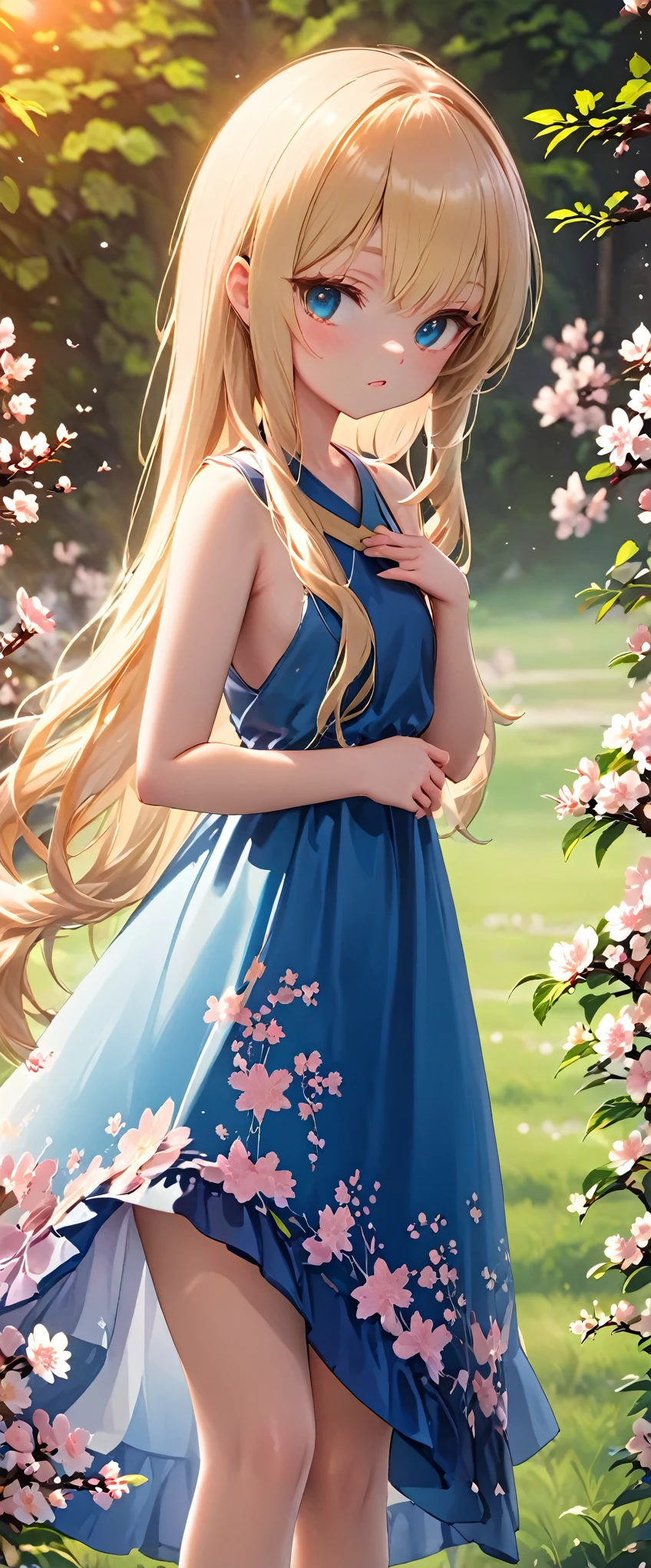 1.masterpiece、highest quality render、16K UHD、 Permanent Enchanting Scene、Outdoor、sunset、Pasture、Cherry Blossom Grove、Blonde woman with long hair and blue dress posing、Anime realism style、Photorealistic anime girl rendering、Smooth Anime CG Art、Anime realism style、Realistic art style、Realistic young anime girl、Gorgeous digital painting、Realistic anime 3D style、Beautiful Anime Portraits、Close-up character portraits、3D Anime Real、Anime style portrait。 2.Maximum resolution: