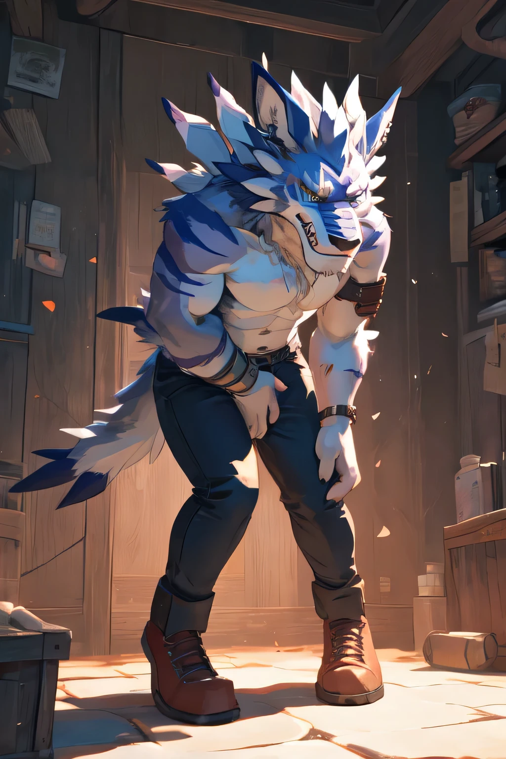 male, weregarurumon, solo, topless, jeans, omorashi, potty dance, full bladder, knock-kneed, holding crotch, holding crotch with both hands, painful expression, clenched teeth, hands between the crotch, screaming in pain, eyes closed, hands on crotch,