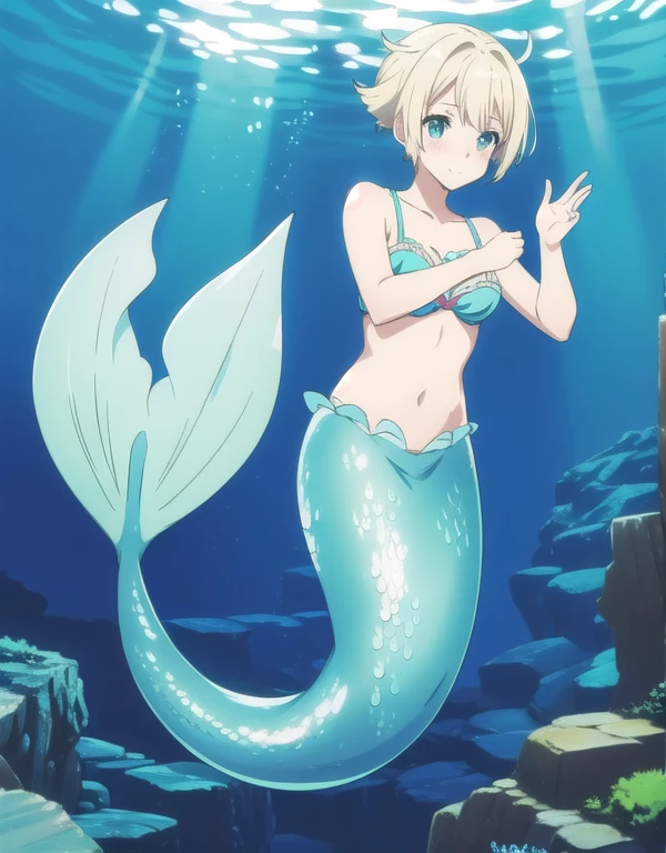 mermaid pokemon,underwater, mermaid tail below waistline, 1girl, violet evergarden, solo, blonde hair, blue eyes, short hair, bra, looking at viewer, blush, happy, full body, swim pose