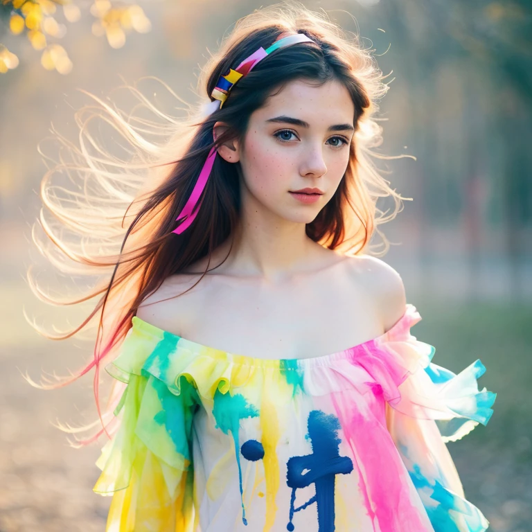 (8k, best quality, masterpiece:1.2),(best quality:1.0), (ultra highres:1.0), pencil colors, a beautiful woman, shoulder, hair ribbons, by agnes cecile, full body portrait, extremely luminous bright design, pastel colors, (ink:1.3), autumn lights, full body