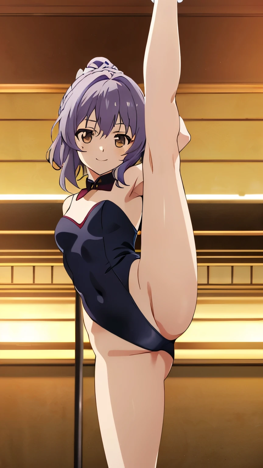 (masterpiece, best quality, high resolution, 8k),anime art style, Shinoa, 1 girl, dark brown eyes, medium breasts, smile, (ballerina, leotard, standing split, standing on one leg, dance hall), alone, standing,dynamic Angle cowboy shot,