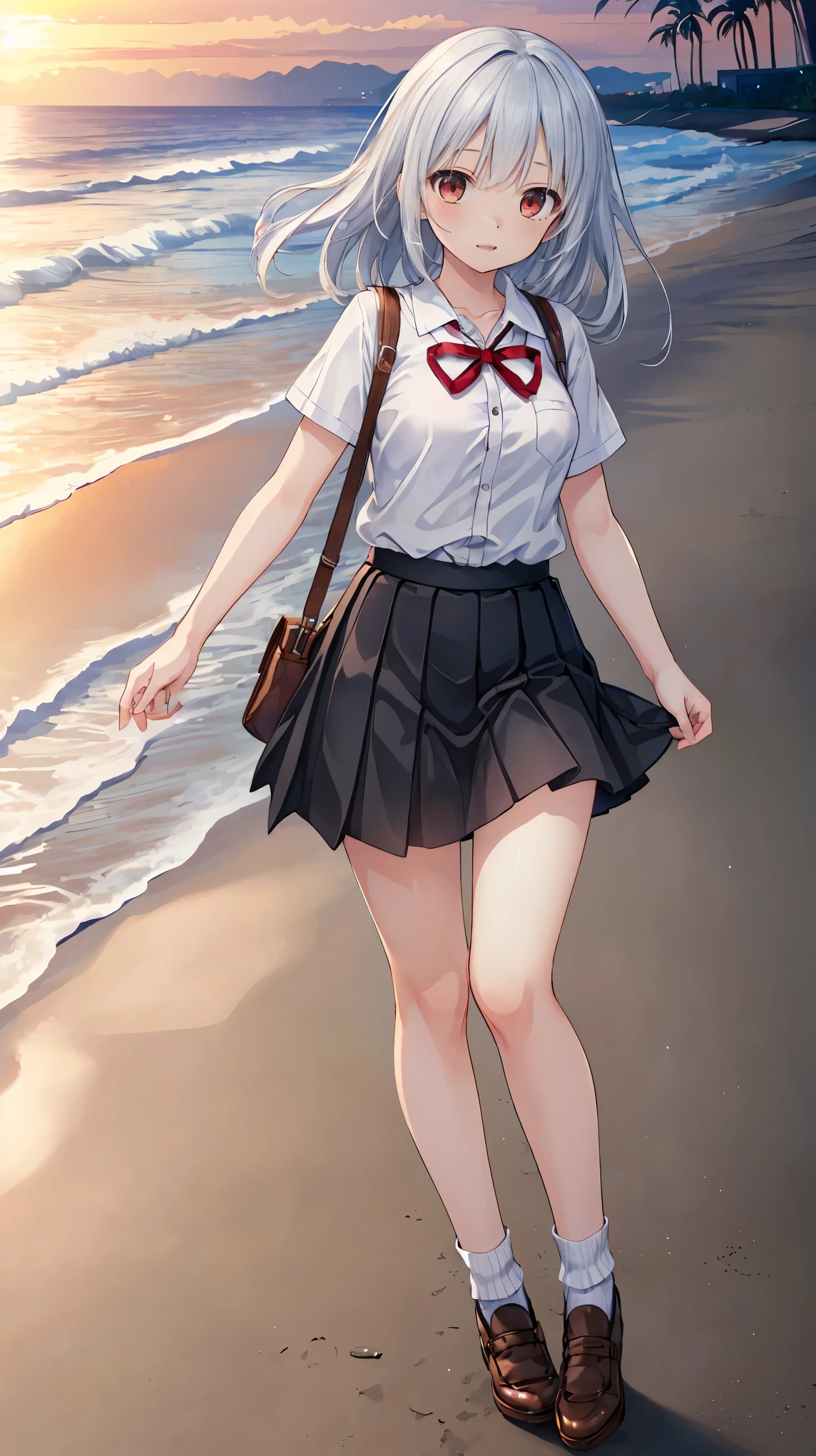 ((masterpiece)), ((highest quality)), ((High resolution)), ((Highly detailed CG Unity 8k wallpaper)), alone, tachibana kanade, Brown uniform, Black Skirt, White socks, Outdoor, face, Beach, Hanging hair, Parted hair, Silver Hair, 笑face, 