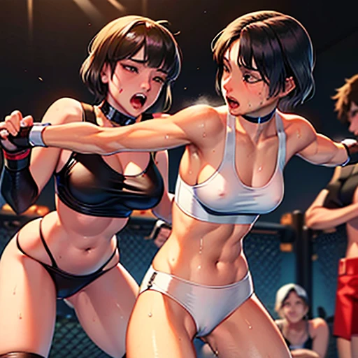 she is being beaten badly by her opponent. Wearing a monokini. Dynamic battle action. Trying to kill her opponent with a punch. These women are out of power. Two young and beautiful Japanese female mixed martial artists in a match in the octagon. They are smashing their fists against their opponents' bodies. They are covered in blood. They are out of breath with their mouths open, drooling, one eye closed. She is sweating profusely. Short-cut black hair. Omini-finger gloves. Erect nipples. Small breasts.