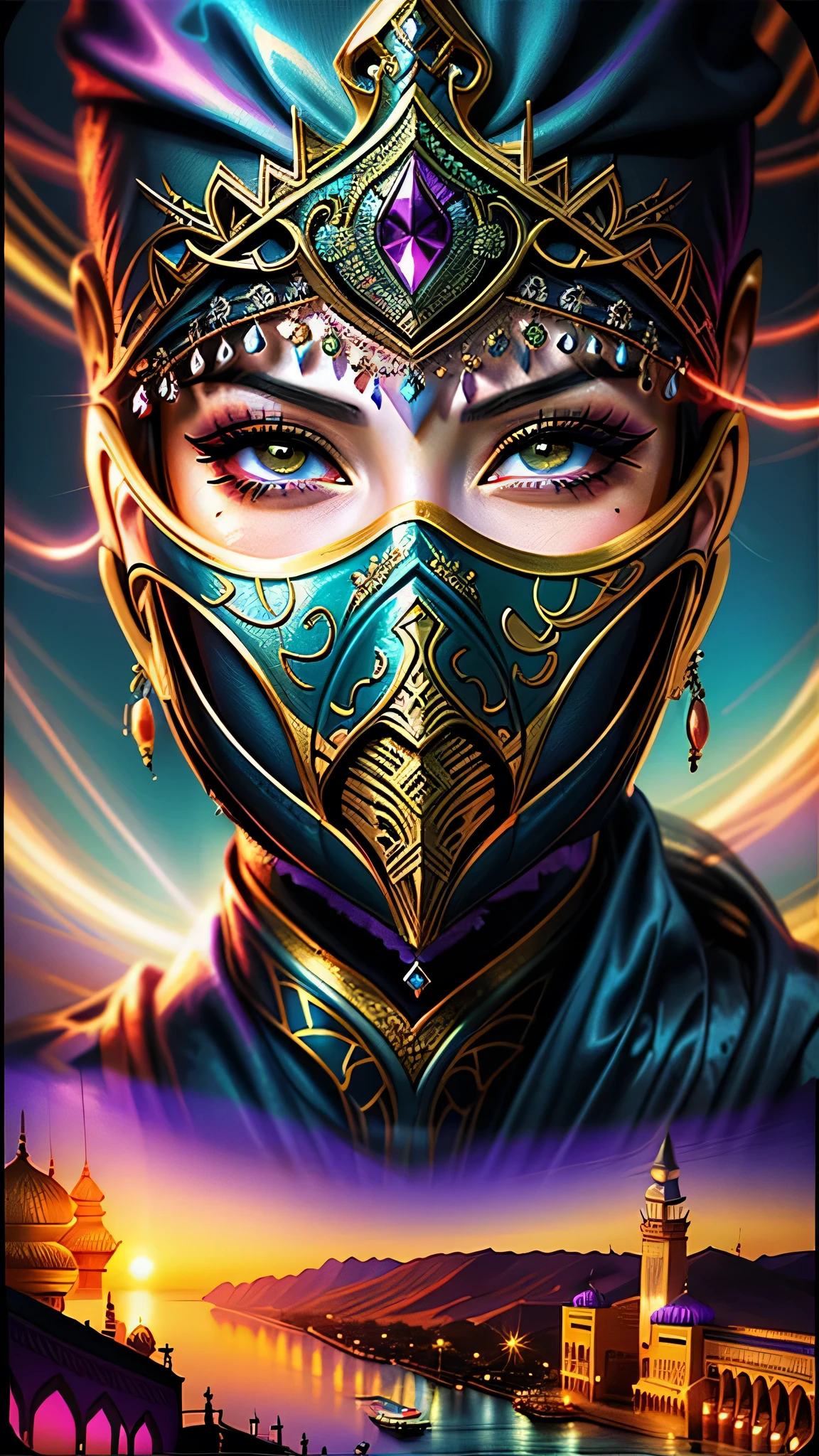 A woman wearing a mask and purple hair stands in front of a sunset, inspirado em Magali Villeneuve, Oriental Face, pintura de personagem bonita, Estilo de arte oriental, arabian art, 8k arte detalhada de alta qualidade, epic fantasy art portrait, epic exquisite character art, regal and menacing visage, detailed face of an arabic woman, Graphic artist Magali Villeneuve