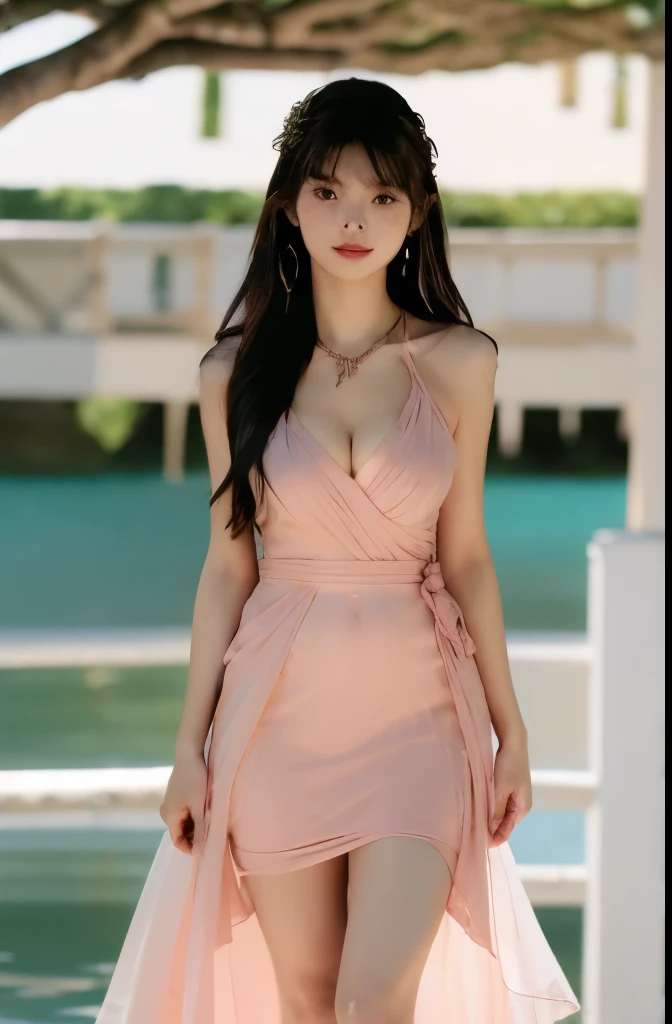 Beautiful woman with perfect body:1.4,Layered Hairstyle,Prominent cleavage,Highly detailed face and skin textures,Double eyelids,Skin Whitening,Long hair,Whitened long legs,(Pink bridesmaid dresses,necklace),Standing by the sea