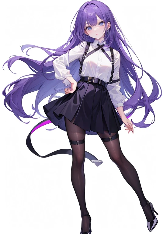 ((Perfect Face)),Purple Hair,super long hair,Adult female,Gothic,White shirt,((Shirt with rolled up sleeves)),(((Roll up your sleeves))),(((body harness belt))),skirt,(High heels),((Simple White Background)),((full body)),((Full Body)),