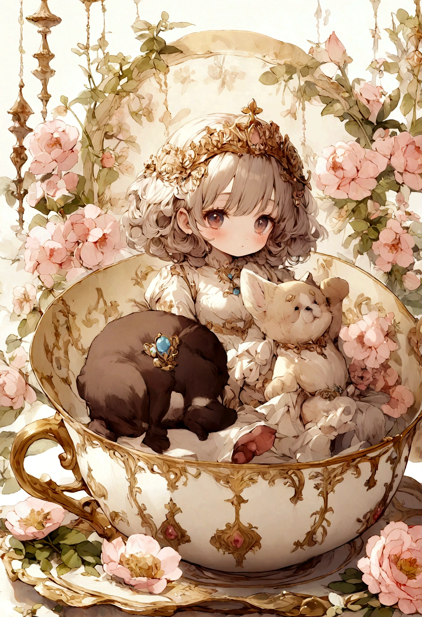 The image is of a very small puppy wearing a charming tiara and sitting in a beautifully decorated tea cup.,The original,small, curly, beautiful, charming, woman