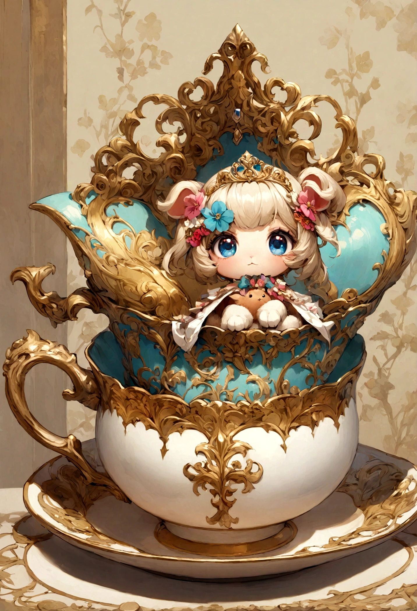 The image is of a very small puppy wearing a charming tiara and sitting in a beautifully decorated tea cup.,The original,small, curly, beautiful, charming, woman