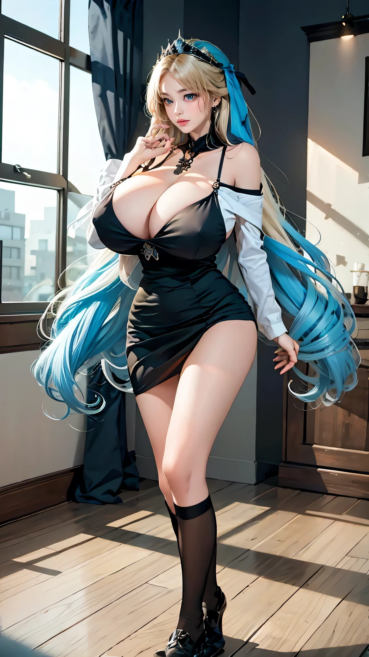 Best quality, masterpiece, ultra high res, raw photo, beautiful and aesthetic, deep shadow, fairy theme,(ultra detailed:1.3),
1girl, dynamic pose, headdress, (beautiful face, detailed eye, embarrassed), drill hair, long hair, blonde hair, gradient hair, yellow eyes, solo, (busty breasts, gigantic breasts:1.1), big hair, blue hair, divine goddess, looking at viewer, indoors, modern bedroom, room full of curtain, astraea, full body, Sweet girl clothes5,high-waist skirt,jewelry,thighhighs