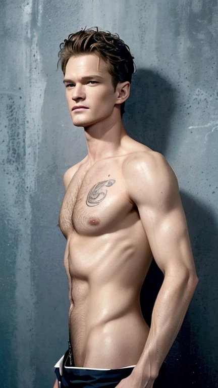 Neil Patrick Harris shirtless and sexy wet body, wet tight brief, (Vogue magazine cover:1.4), best quality, masterpiece, very aesthetic, perfect composition, intricate details, ultra-detailed, hairy pubic, pierce ear and tattoo, etnis style, grey wall