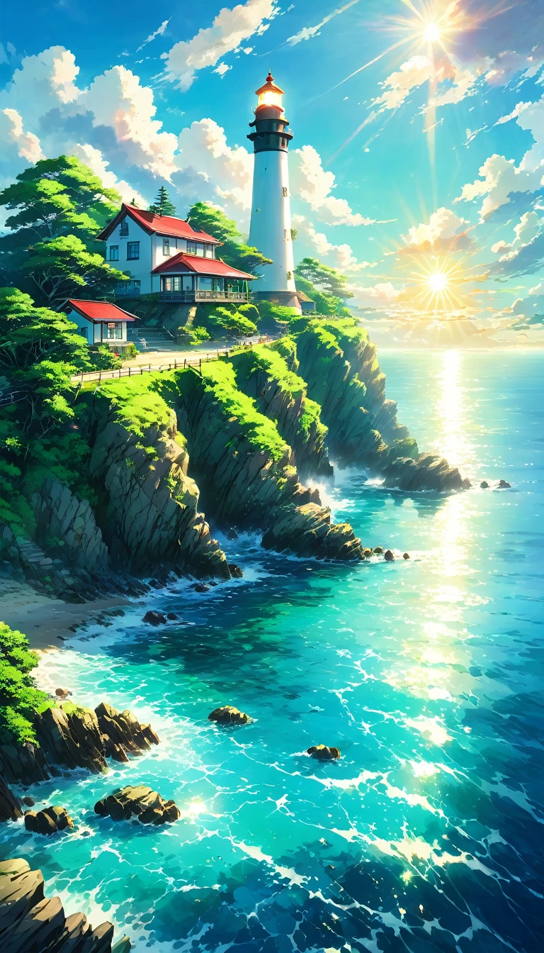 Tropics、Ocean、Ocean岸、cliff、Bungalow、Resort、turquoise blue、Emerald green、sunshine、water surface、rock、cloud、blue sky、summer、Paradise、beautiful、vivid、nature、trip、vacations、beautiful Anime Scenery, Landscape painting, Lighthouse, beautifulデジタル絵画, Andreas Rocha, beautifulアートワークのイラスト, Awesome Wallpapers, Raymond Han, 背の高いbeautiful絵画, スタジオグリブリー 新Ocean誠, beautiful壁紙, Anime Scenery