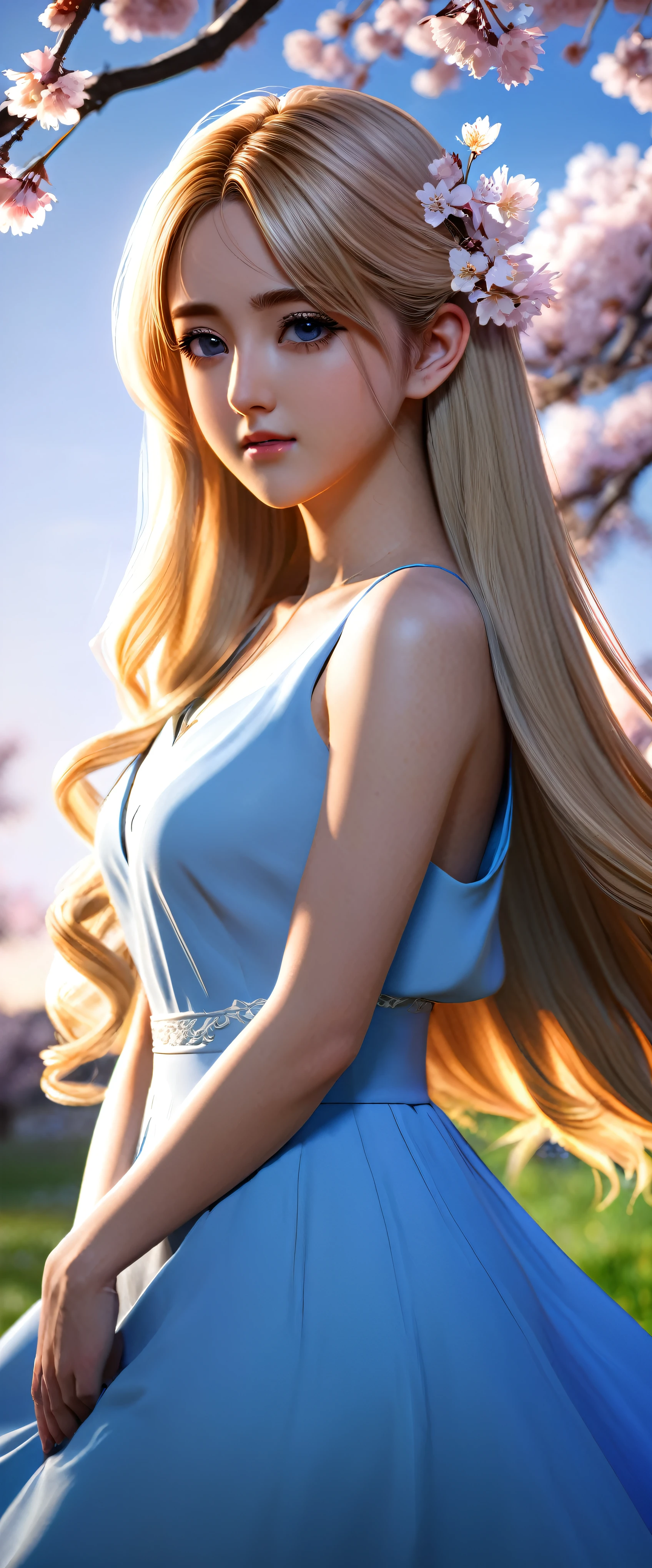 1.masterpiece、highest quality render、16K UHD、 Permanent Enchanting Scene、Outdoor、sunset、Pasture、Cherry Blossom Grove、Blonde woman with long hair and blue dress posing、Anime realism style、Photorealistic anime girl rendering、Smooth Anime CG Art、Anime realism style、Realistic art style、Realistic young anime girl、Gorgeous digital painting、Realistic anime 3D style、Beautiful Anime Portraits、Close-up character portraits、3D Anime Real、Anime style portrait。2.Maximum resolution