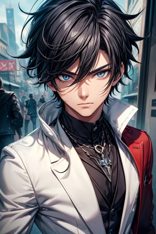 ((Best quality)), ((masterpiece)), (detailed), ((perfect face)), ((halfbody)) handsome face, male,  boy,  perfect proportions , a character from anime Pokémon, Stylist black white hair, male version , detailed background, detailed scenery background 