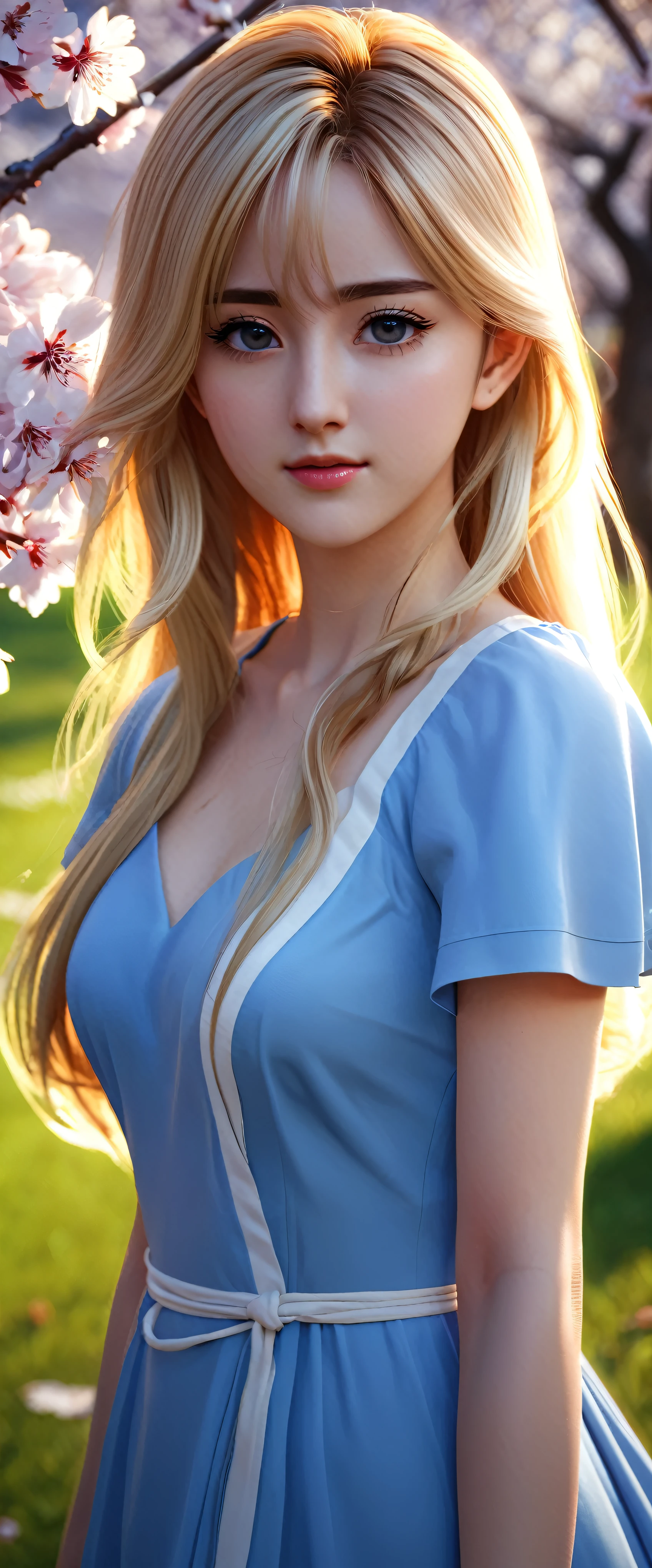 1.masterpiece、highest quality render、16K UHD、 Permanent Enchanting Scene、Outdoor、sunset、Pasture、Cherry Blossom Grove、Blonde woman with long hair and blue dress posing、Anime realism style、Photorealistic anime girl rendering、Smooth Anime CG Art、Anime realism style、Realistic art style、Realistic young anime girl、Gorgeous digital painting、Realistic anime 3D style、Beautiful Anime Portraits、Close-up character portraits、3D Anime Real、Anime style portrait。2.Maximum resolution