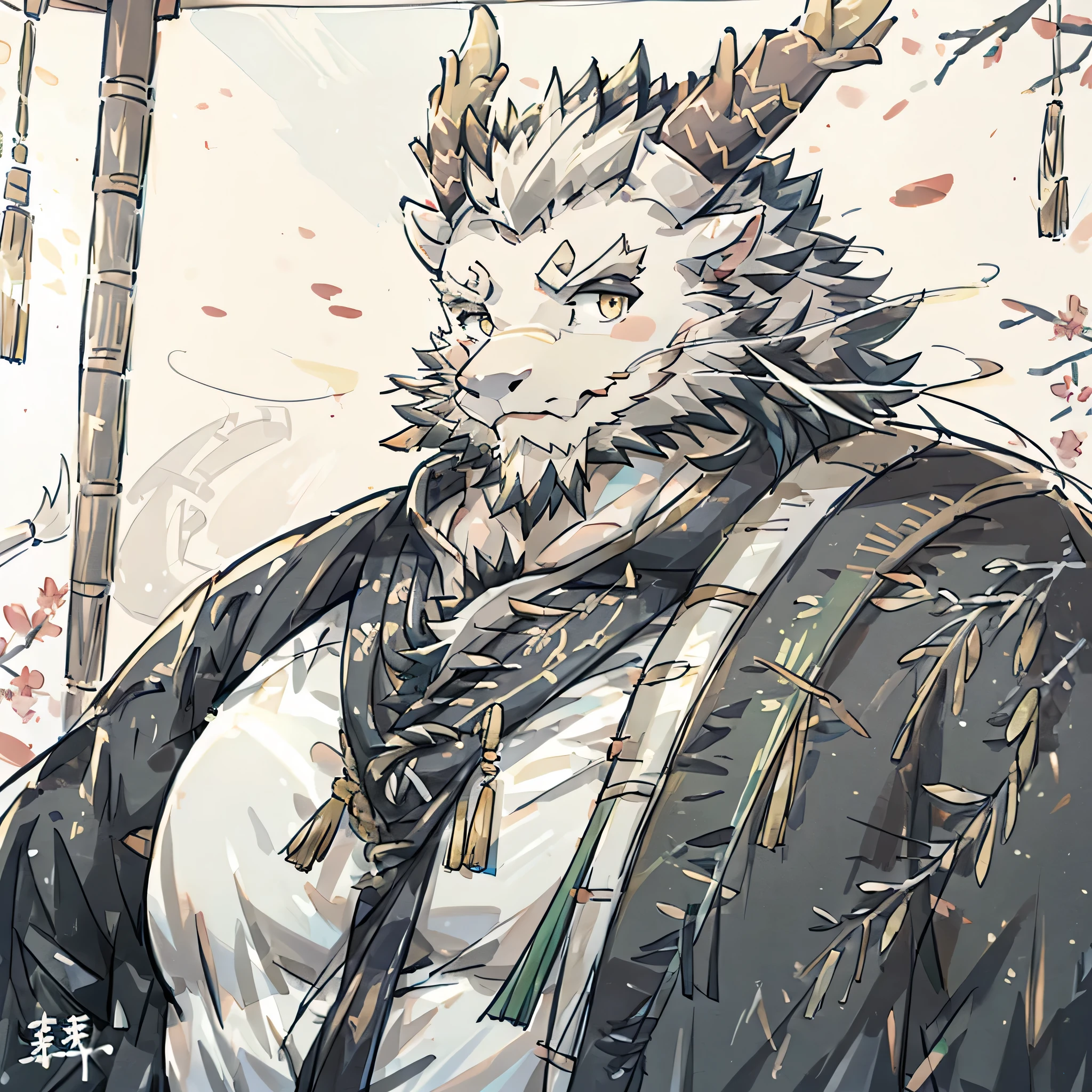 (white eastern dragon),furry,white mustache,big pecs,hearty males,muscular,black imperial robe,adult,traditional_chinese_room，head portrait