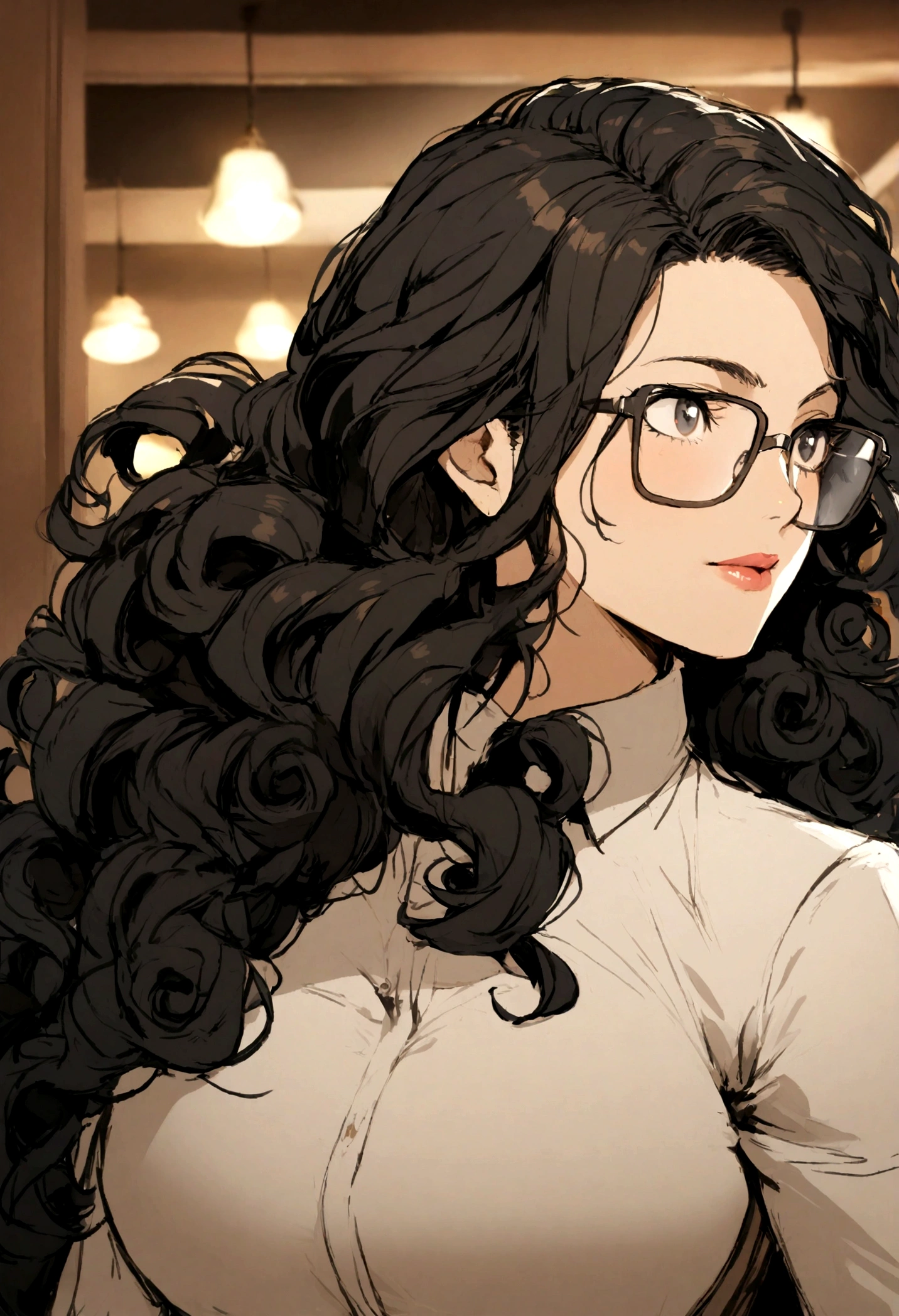 1girl, long hair, black hair, curly hair, mature female, glasses