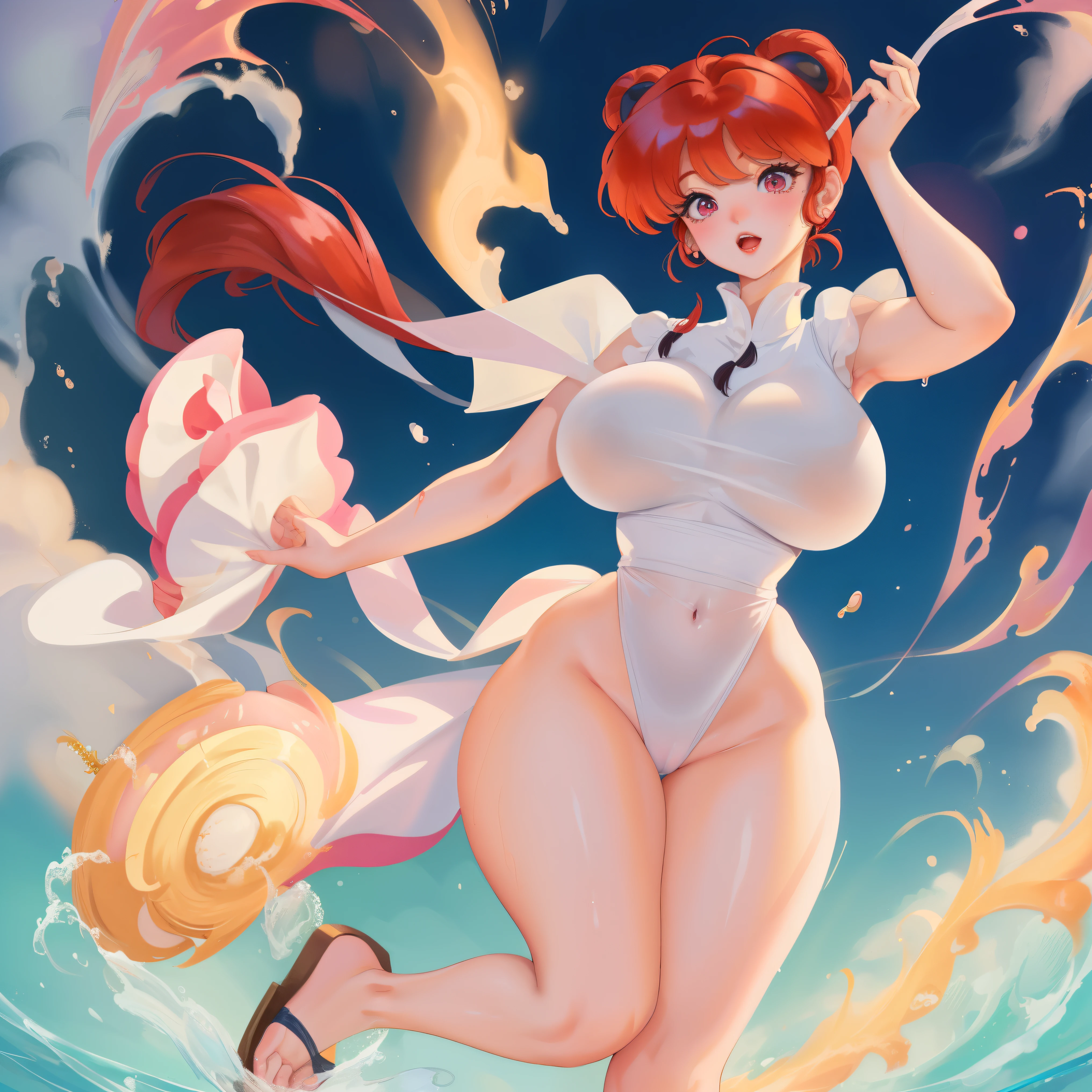 a full body portrait of a official art ((Ranma)) redhead with a good body (curvy-atlhetic) posing nude for a picture, busty, intricate wet, pink body, smooth skin, milky breasts, seductively looking in front, huge breasts, best quality, beautiful details, intricate detailed, perfect composition, amazing sexy, slluty look, perfect face detail, perfect shape,