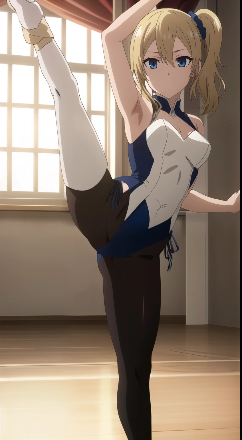 hayasaka,blonde hair, blue eyes, hair Scrunchie, side ponytail, Scrunchie, 1 girl, hair ornaments,alone, hair between eyes,(ballerina, leotard, tights, standing split, standing on one leg, dance hall:1.2), dynamic Angle,
beautiful Finger,beautiful long legs,Beautiful body,beautiful character design, perfect eyes, Perfect face,expressive eyes, looking at the viewer, Appear on knees,sexy pose,in the center of the image, official art,High Definition CG Unity, Perfect lit, bright_front_face_lit, (table top:1.0),(Highest_quality:1.0),4k,Super detailed, photograph, 8K, nffsw, High resolution, absurd:1.2, kodak portrait 400, film grain, Lens flare, (lively_color:1.2) (beautiful,medium breasts:1.4), (beautiful_face:1.3),(narrow_waist),
