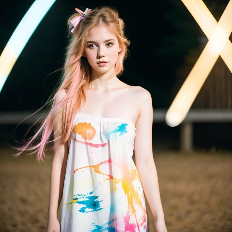 (8k, best quality, masterpiece:1.2),(best quality:1.0), (ultra highres:1.0), pencil colors, a beautiful woman, shoulder, hair ribbons, by agnes cecile, full body portrait, extremely luminous bright design, pastel colors, (ink:1.3), autumn lights, full body