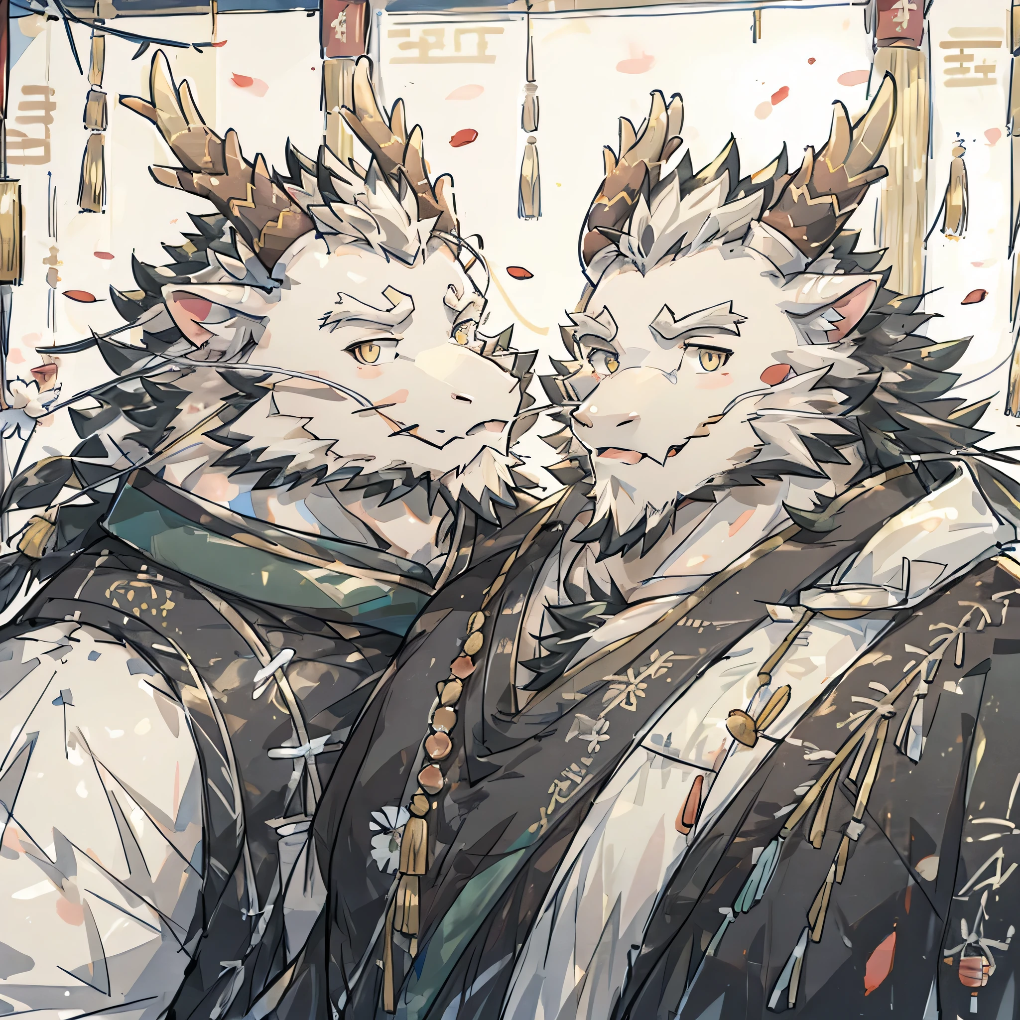 (white eastern dragon),furry,white mustache,big pecs,hearty males,muscular,black imperial robe,adult,traditional_chinese_room,head portrait