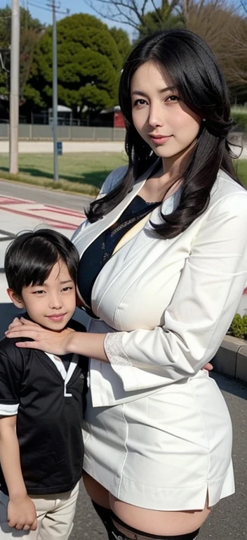 Mother and 1 man、2 Parents and children(MotherとHigh school student息子)photo、日本で最も清楚で美しいMother親((39 years old beautiful adult，Modesty and plain face, But her body is the best.))and lovely son(High school student)、((Motherは少し頼りない細顔で美しい))((Mother(Long smooth black hair)Memorial photo with my son))、豊満な身体のMother、息子はイケメンHigh school student、Breasts that are too large and slightly sagging、(((Cleavage)))Formal wear、original development、Practical、校門の前でMotherMemorial photo with my son、Motherと息子が腕を組んで、((Motherの方が息子より背が高い))、((My son is wearing school uniform))、((Motherは卑猥な下着姿、Black garters and stockings))、((school entrance))