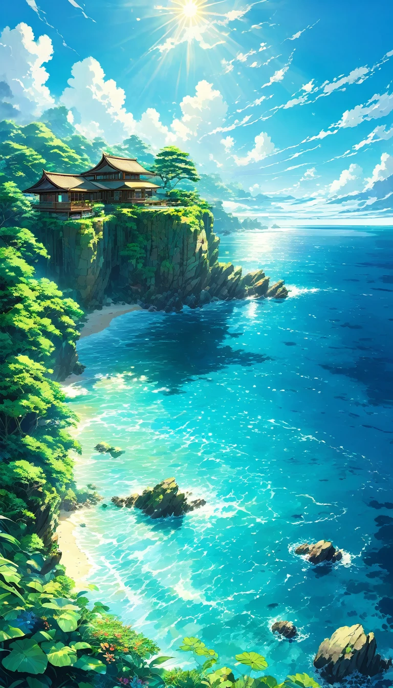 Tropics、Ocean、Ocean岸、cliff、Bungalow、Resort、turquoise blue、Emerald green、sunshine、water surface、rock、cloud、blue sky、summer、Paradise、beautiful、vivid、nature、trip、vacations、beautiful Anime Scenery, Landscape painting,, beautifulデジタル絵画, Andreas Rocha, beautifulアートワークのイラスト, Awesome Wallpapers, Raymond Han, 背の高いbeautiful絵画, スタジオグリブリー 新Ocean誠, beautiful壁紙, Anime Scenery