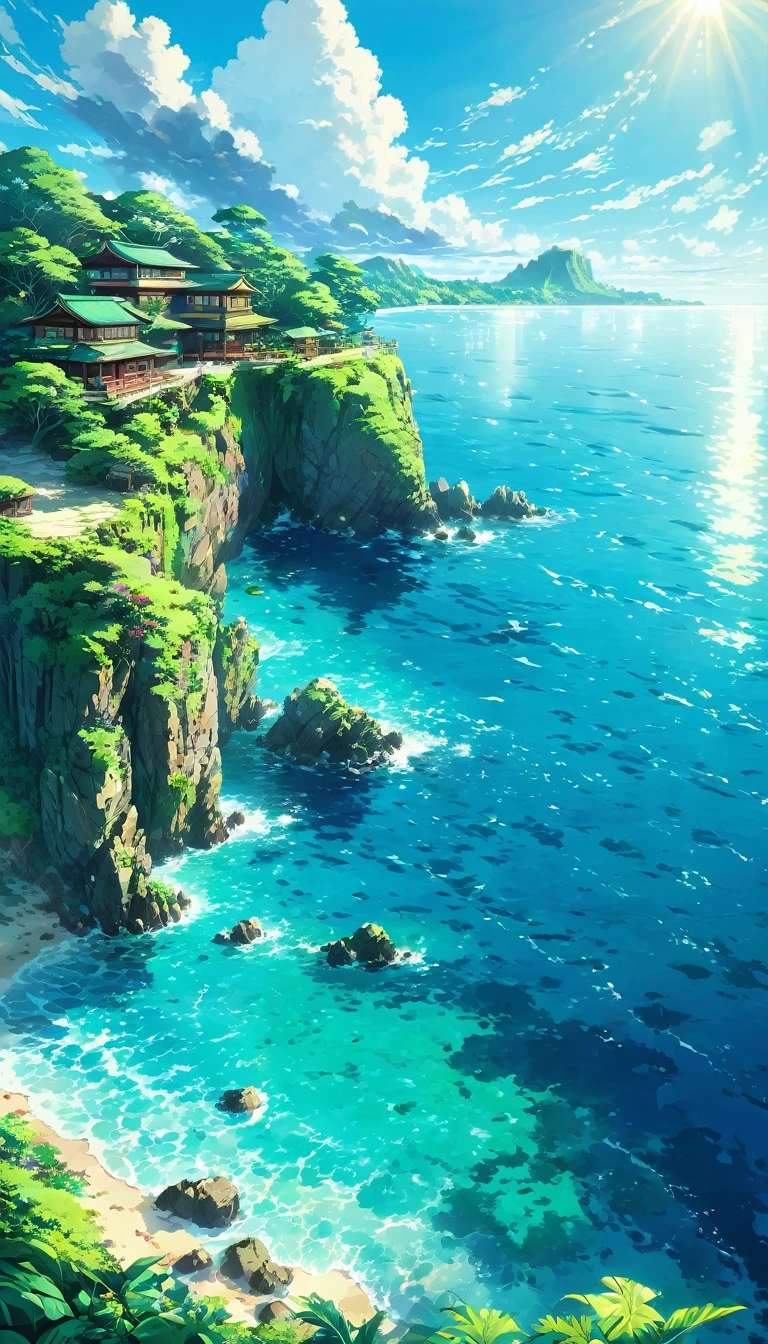 Tropics、Ocean、Ocean岸、cliff、Bungalow、Resort、turquoise blue、Emerald green、sunshine、water surface、rock、cloud、blue sky、summer、Paradise、beautiful、vivid、nature、trip、vacations、beautiful Anime Scenery, Landscape painting,, beautifulデジタル絵画, Andreas Rocha, beautifulアートワークのイラスト, Awesome Wallpapers, Raymond Han, 背の高いbeautiful絵画, スタジオグリブリー 新Ocean誠, beautiful壁紙, Anime Scenery