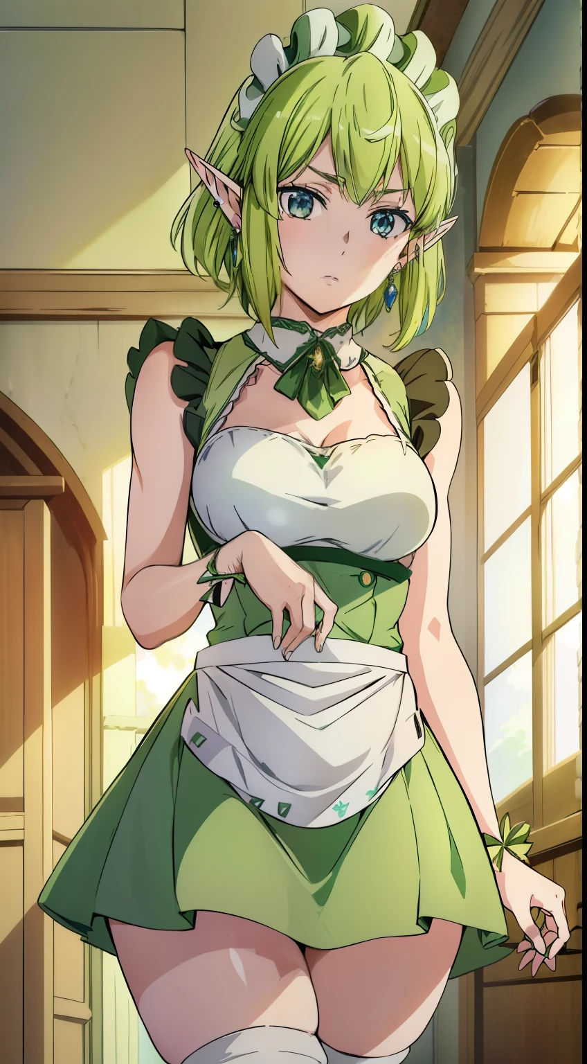 masterpiece,highest quality,anime,2D,Detailed face,
1 girl, alone, pointy ears, green hair, goblin, blue eyes, short hair,green hair,(Maid uniform,earrings),dynamic Angle,(lively_color:1.2) (beautiful_medium breasts:1.3), (beautiful_face:1.4),(beautiful_thighs:1.1),