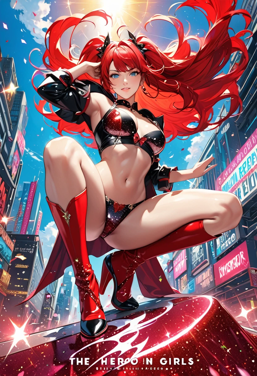 (masterpiece, best quality:1.1),
(ultra highres, ultra-detailed:1.2) ,Fictional anime cover art,title is"Carolina Reaper Girls",The hero in red,dynamic pose,(Glitter:1.5) ,