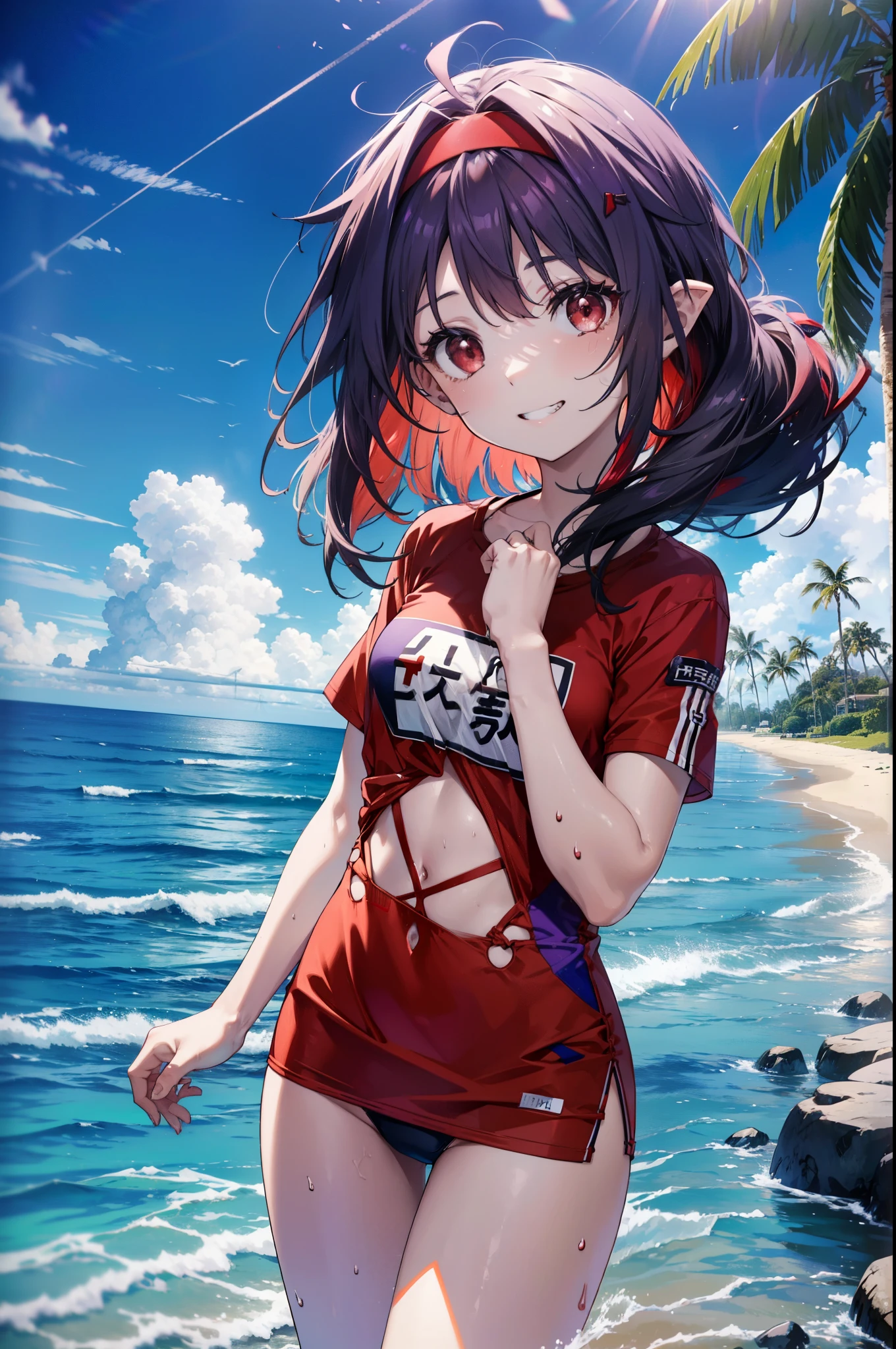 yuukikonno, Konno Yuuki, hair band, Long Hair, Pointed Ears, Purple Hair, (Red eyes:1.5), (Small breasts:1.2), Grin,smile,Purple bikini swimsuit,oversized red t-shirt,barefoot,Palm tree,Holding a swim ring in his right arm,Palm tree,True Summer,whole bodyがイラストに入るように,Walking,
break looking at viewer, whole body,(Cowboy Shot:1. 5)
break outdoors, Beach,Sandy Beach,
break (masterpiece:1.2), highest quality, High resolution, unity 8k wallpaper, (figure:0.8), (Beautiful fine details:1.6), Highly detailed face, Perfect lighting, Highly detailed CG, (Perfect hands, Perfect Anatomy),