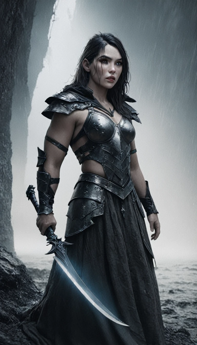 (1girl in dark fantasy, female warrior of shadow, full body shot, tattered cloak, wielding a glowing sword, long dark hair, piercing eyes, sharp facial features, muscular physique, battle-worn armor, dramatic lighting, moody atmosphere, muted color palette, atmospheric background, (best quality,4k,8k,highres,masterpiece:1.2),ultra-detailed,(realistic,photorealistic,photo-realistic:1.37),cinematic composition), Cinematic Shot