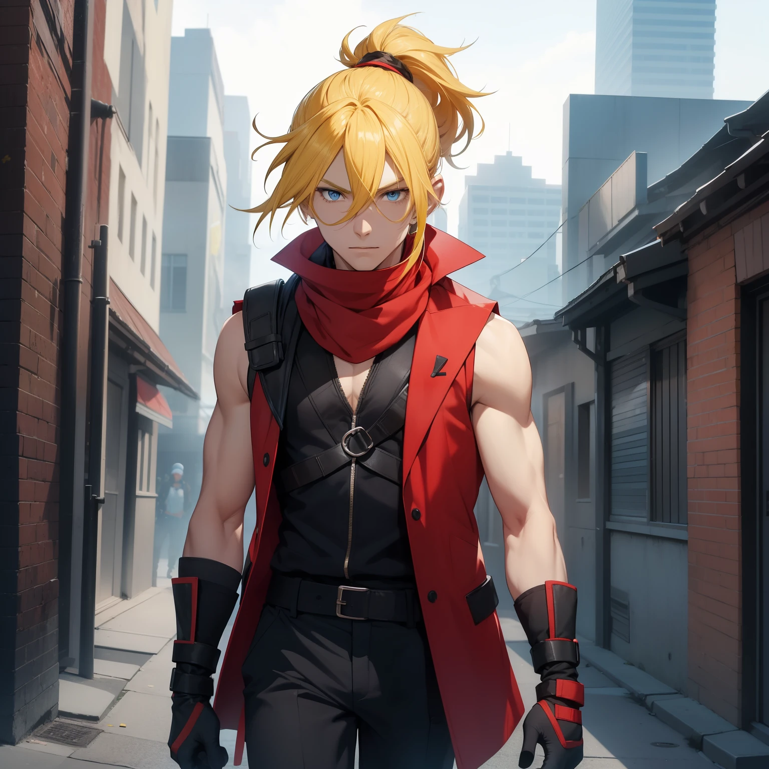(26 years old), (male), Yellow hair, (Blue eyes), (Tied back ponytail), red scarf, red vest, sleeveless, black pants, black gloves, slim, up to legs