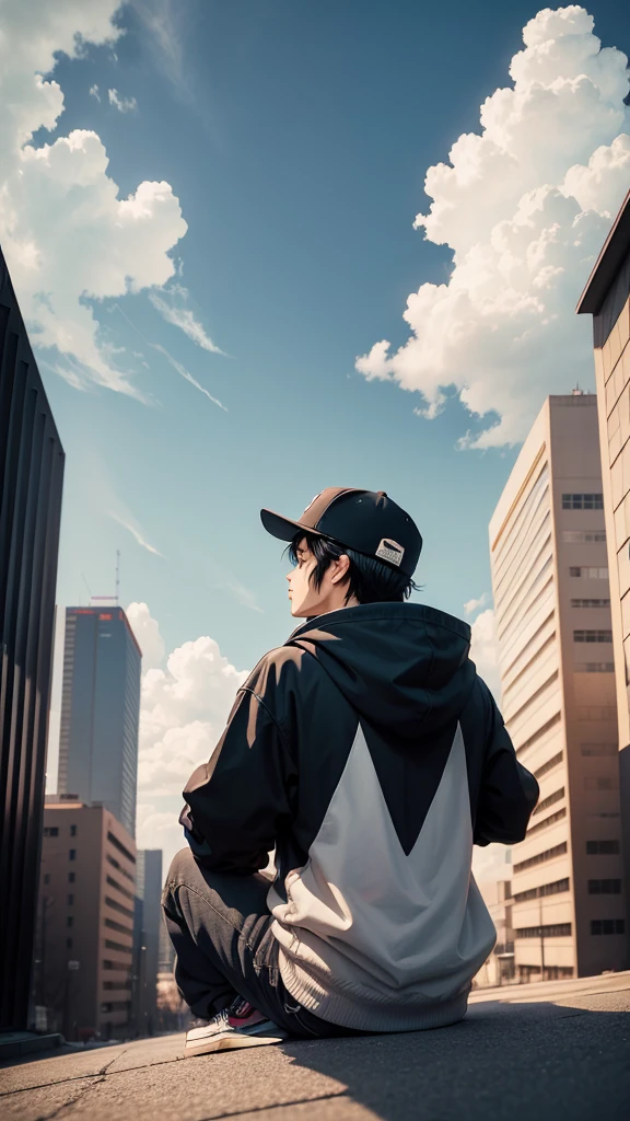 anime man, 1man 35yr wear snapback, black hair, wear navy hoodie, looking away at the sky, sky with clouds, afternoon, lo-fi, camera from below