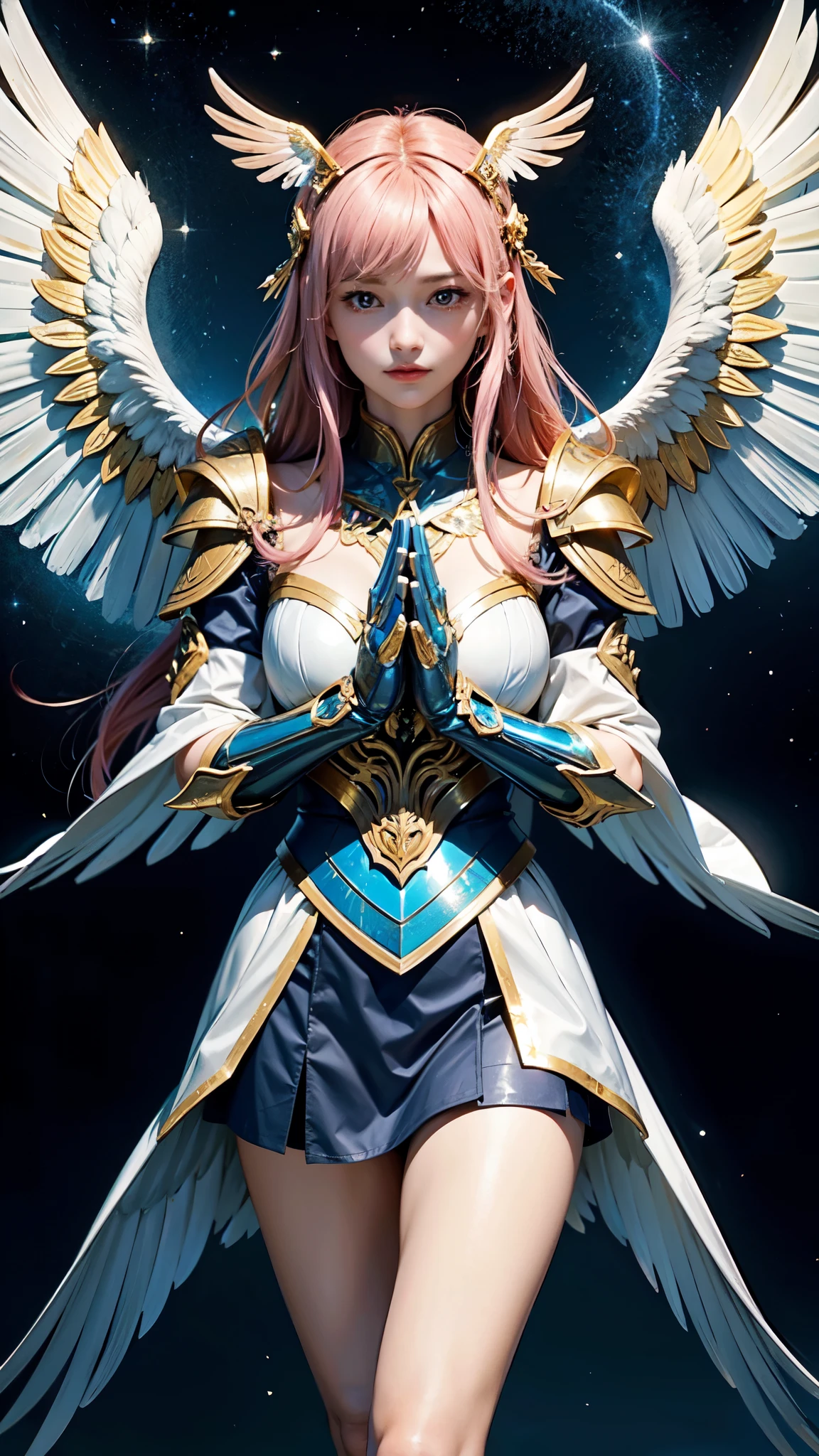 Top quality, one beautiful seraphim, wearing armor, (shining brightly 12 wings:1.3), (Long distance shot:1.3) at sky