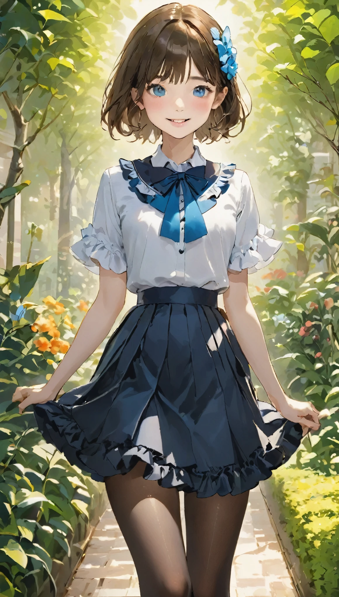 ((Biologically correct limb count))、4K、((Standing position))、masterpiece、((Focus on the face))、Eyes of meticulous depiction、Beautiful woman、Excellent style、Beautiful arms、Beautiful legs、Beautiful Hands、(Small Ass、Thin thighs）、Detailed depiction of the face、Small earrings、necklace、(Frilled Uniform、skirt、High heels、stockings）、smile、garden、Look to the side、Surprise expression、hair ornaments、(((-yeld gile々, slim, Narrow waist, Short Bob, Raise your arms, Show me your armpits)))