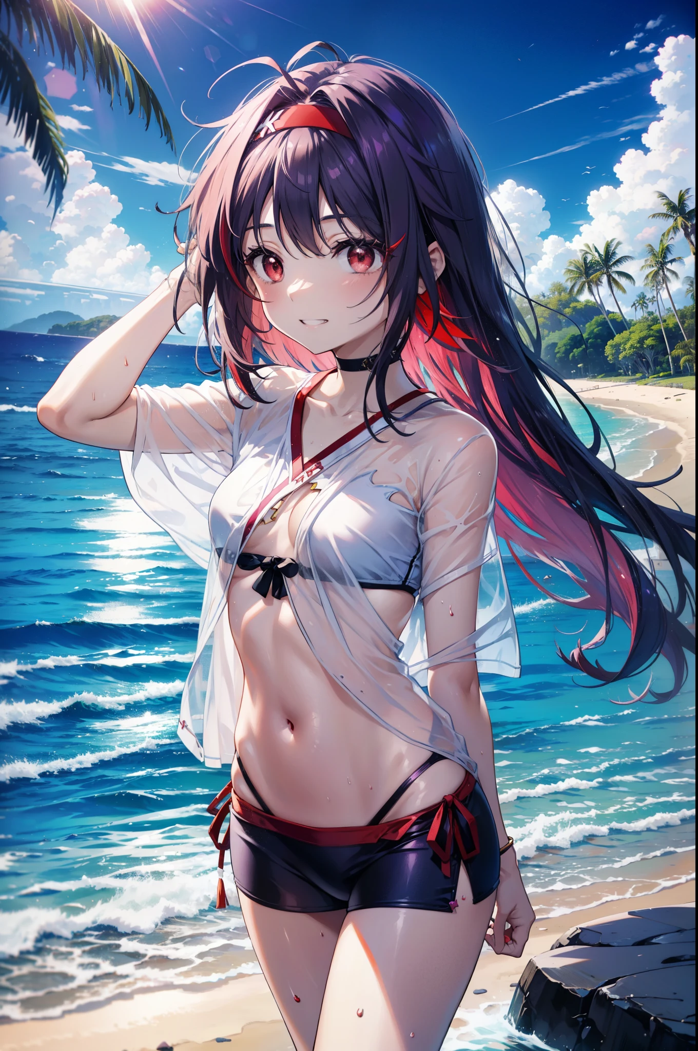 yuukikonno, Konno Yuuki, hair band, Long Hair, Pointed Ears, Purple Hair, (Red eyes:1.5), (Small breasts:1.2), Grin,smile,Purple bikini swimsuit,oversized red t-shirt,barefoot,Palm tree,Holding a swim ring in his right arm,Palm tree,True Summer,whole bodyがイラストに入るように,Walking,
break looking at viewer, whole body,(Cowboy Shot:1. 5)
break outdoors, Beach,Sandy Beach,
break (masterpiece:1.2), highest quality, High resolution, unity 8k wallpaper, (figure:0.8), (Beautiful fine details:1.6), Highly detailed face, Perfect lighting, Highly detailed CG, (Perfect hands, Perfect Anatomy),