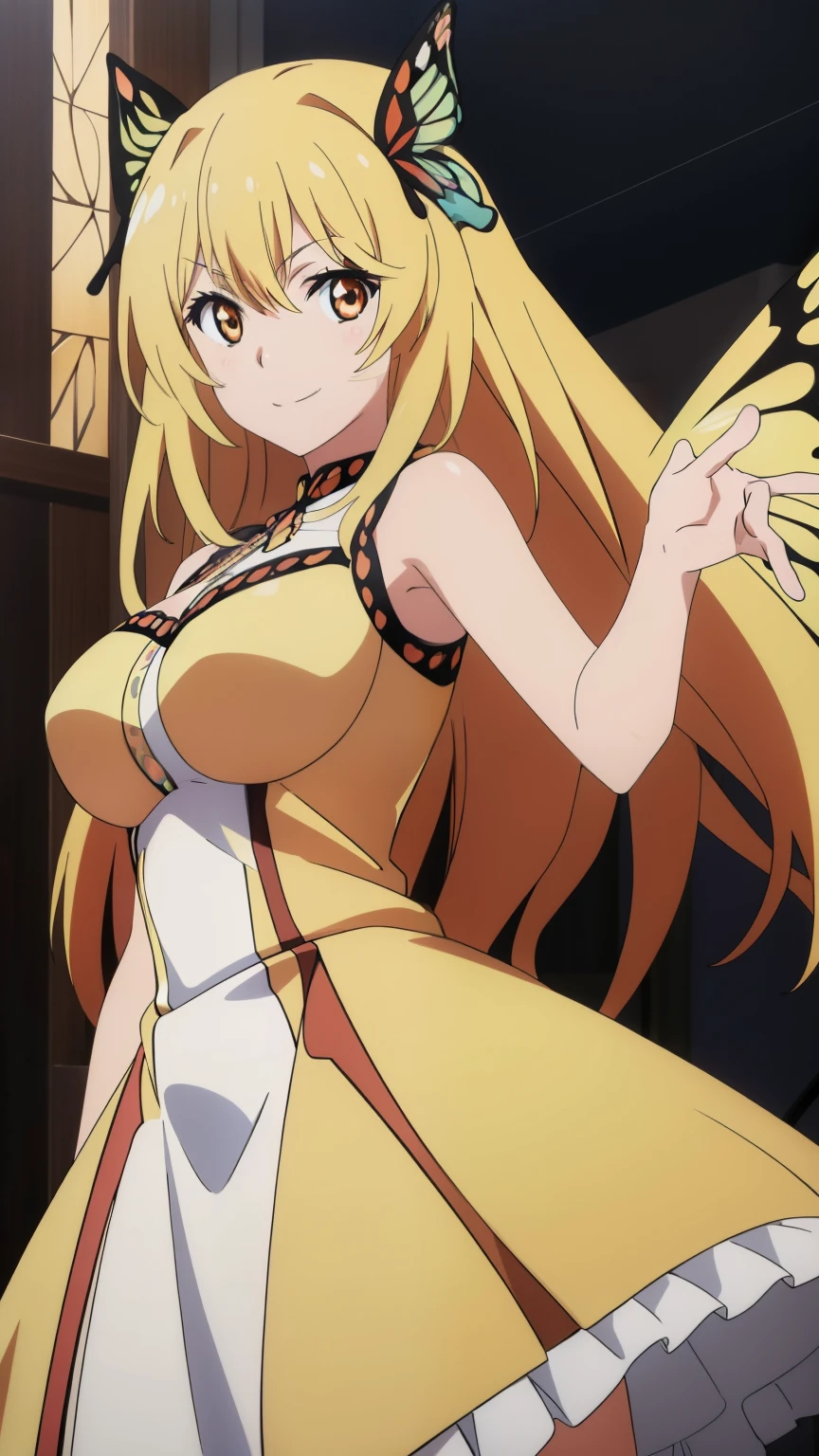 (highest quality, High resolution, 8k, masterpiece: 1.2), Very detailed, (Anime) , Misaki Shokuhou, orange eyes,with star-shaped irises, Beautiful character design, Perfect eyes, Perfect face, Expressive eyes, Perfect balance, smile, blonde, Long Hair, Large midchest, (butterfly dress:1.2), looking at the camera, Dynamic pose, Dynamic Angle, The gaze camera focuses on the center of the image,