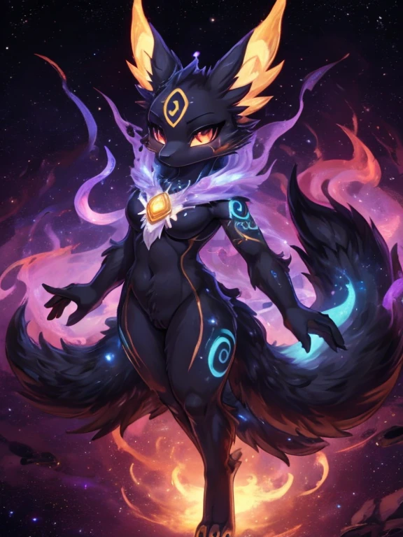 Umbreon pokemon girl antro, black body, alta definicion, tatuaje dorado, tatuaje tribal, vista cuerpo completo, patas hermosas,mirada intimidante, Ojos azules profundos, aura magica, kitsune espacial, mystical aura, mystical aura, cola larga y esponjosa, ojos potenciados, aura espacial, chica divina, dios kitsune, divinidad espacial, multiple colorful space, galactic landscape, dark aura magica, magia galaxia, umbra witch costume