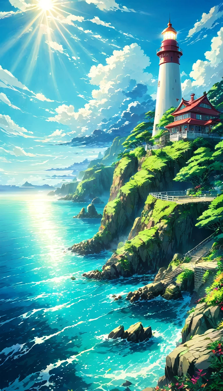 Oceanが目の前の景色、Tropics、Ocean、Ocean岸、cliff、Bungalow、Resort、turquoise blue、Emerald green、sunshine、water surface、rock、cloud、blue sky、summer、Paradise、beautiful、vivid、nature、trip、vacations、beautiful Anime Scenery, Landscape painting, Lighthouse, beautifulデジタル絵画, Andreas Rocha, beautifulアートワークのイラスト, Awesome Wallpapers, Raymond Han, 背の高いbeautiful絵画, スタジオグリブリー 新Ocean誠, beautiful壁紙, Anime Scenery